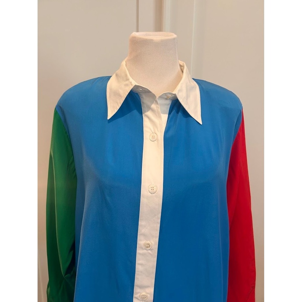 Linea by Louis Dell'Olio Silk Colorblock Button Down Blouse Blue Red Green 1X - Picture 2 of 8